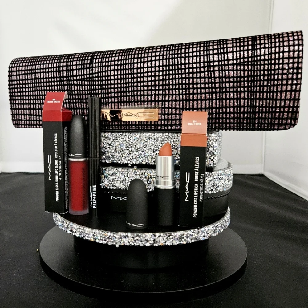 MAC 4 pc gift set! FASHION SWEETIE MULL IT OVER Lip Primer + glitter clutch NEW